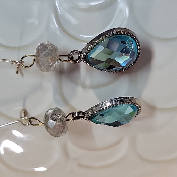 Czech Glass and Aqua Crystal Teardrop Earrings - Picture 5 of 7